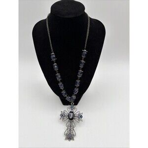 Blue Crystal Beaded Necklace Large Cross Pendant Gunmetal Chain Statement
